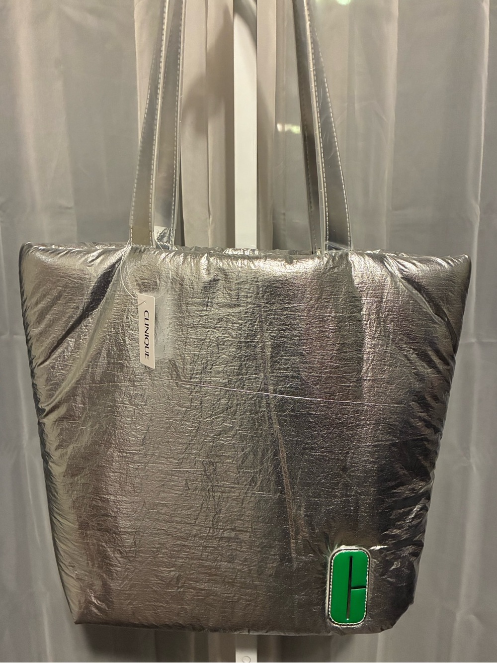Clinique Metallic Silver Tote with Green Logo Patch